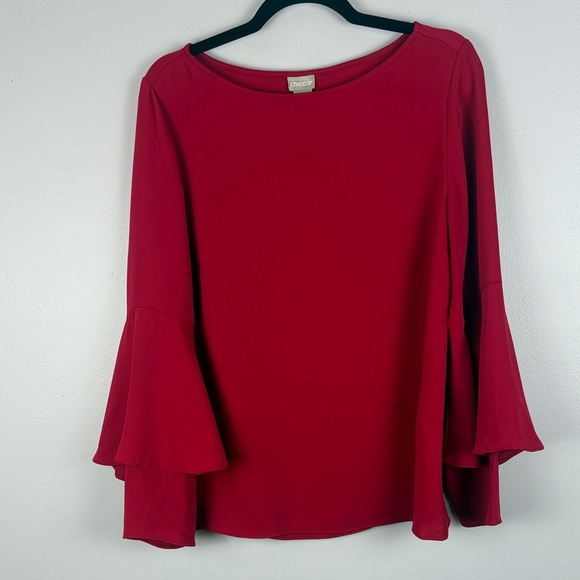 Chico's Vibrant Classic Red Tiered Flare Long Sleeve Blouse Size 8/10 - Picture 2 of 9